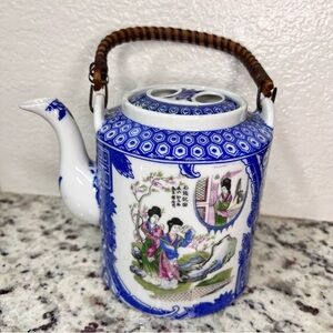 Vintage Teapot Jug Oriental Japan Porcelain Multicolor Floral Geisha Bamboo